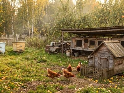 Дачный двор с курами, клетками кроликов и ульями