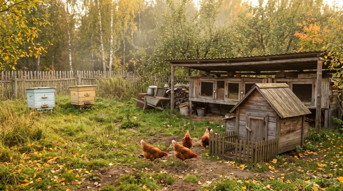 Дачный двор с курами, клетками кроликов и ульями
