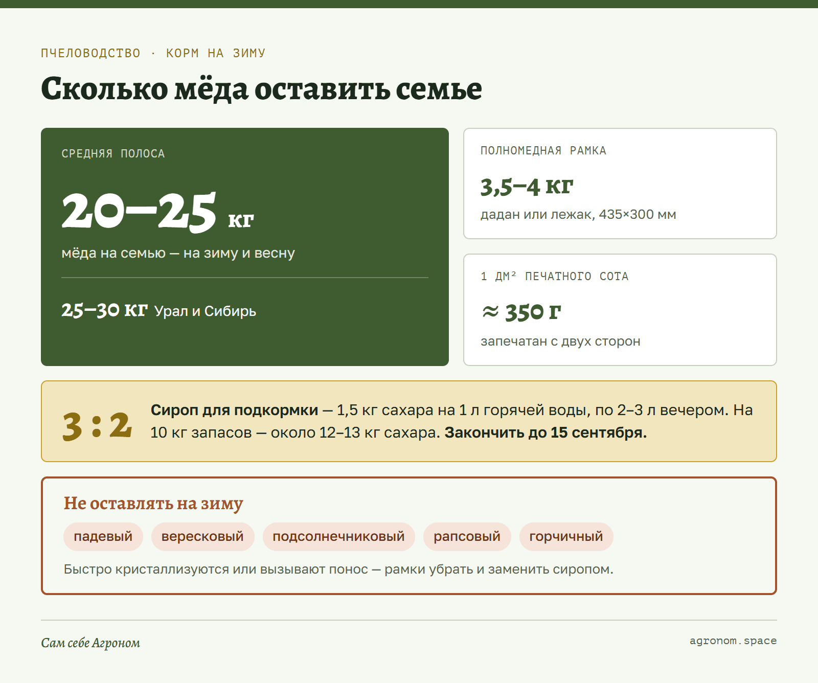 Инфокарточка: сколько корма оставить пчёлам на зиму и какой мёд заменить сиропом