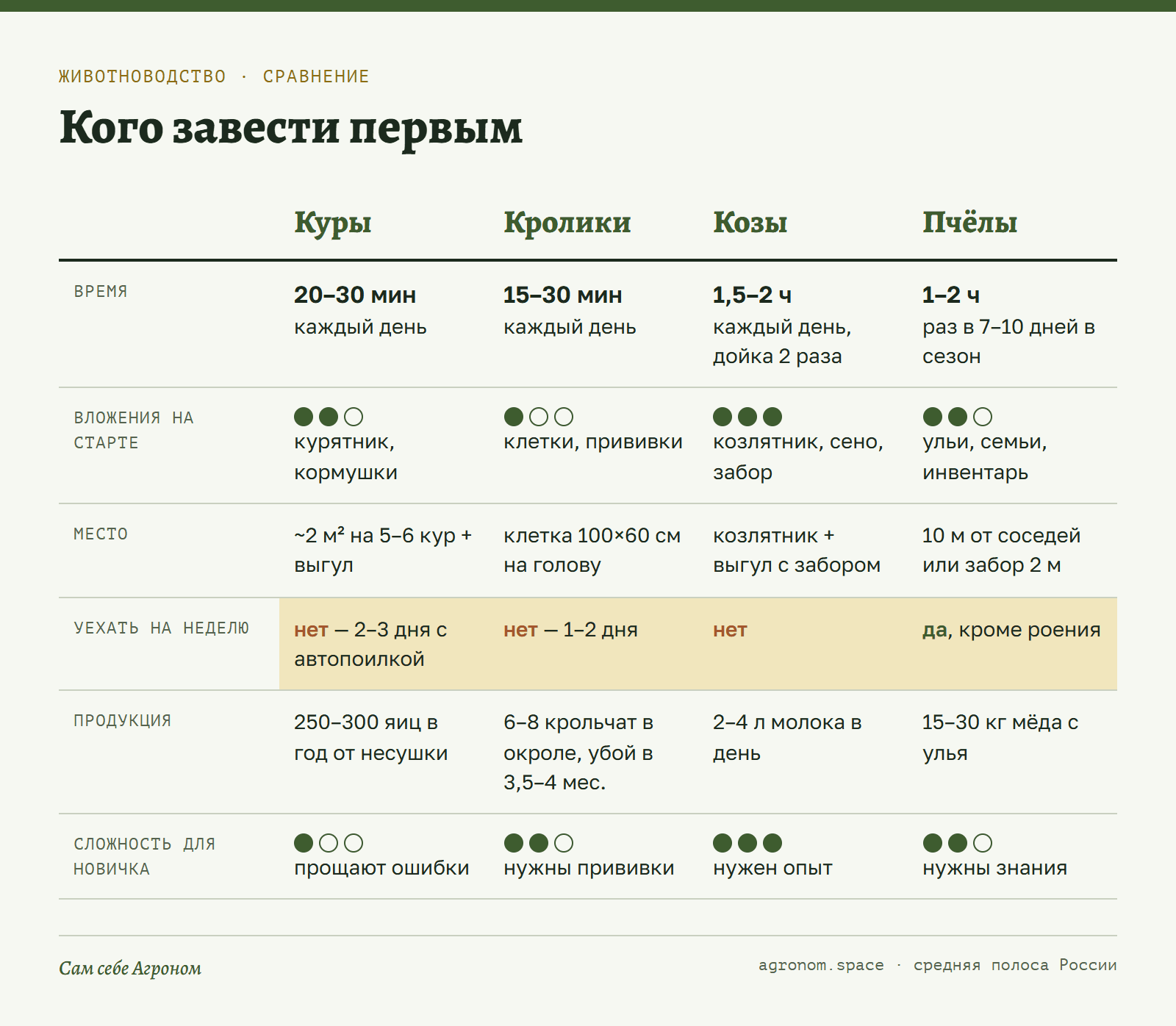 Инфокарточка: сравнение кур, кроликов, коз и пчёл по времени, деньгам, месту и отдаче