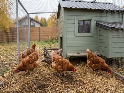 Несушки на закрытом выгуле у современного курятника осенью