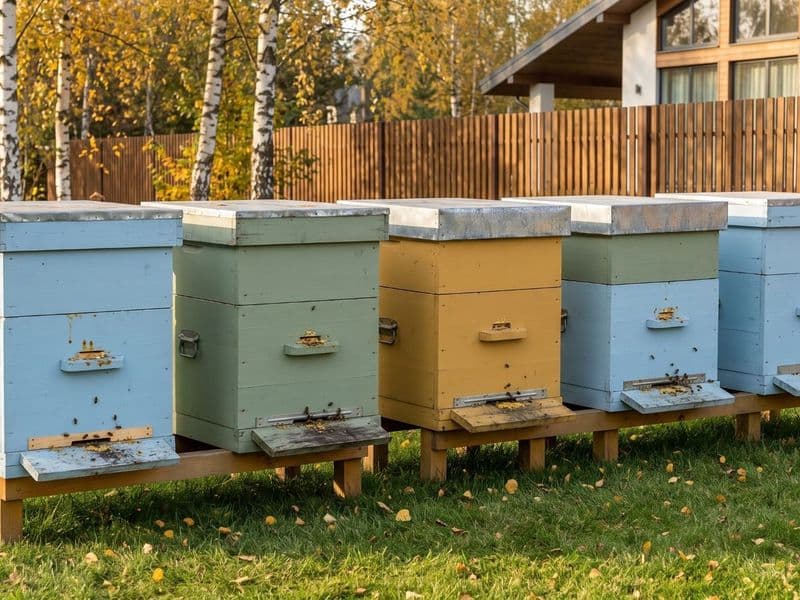 Ульи на пасеке осенью среди берёз с жёлтой листвой