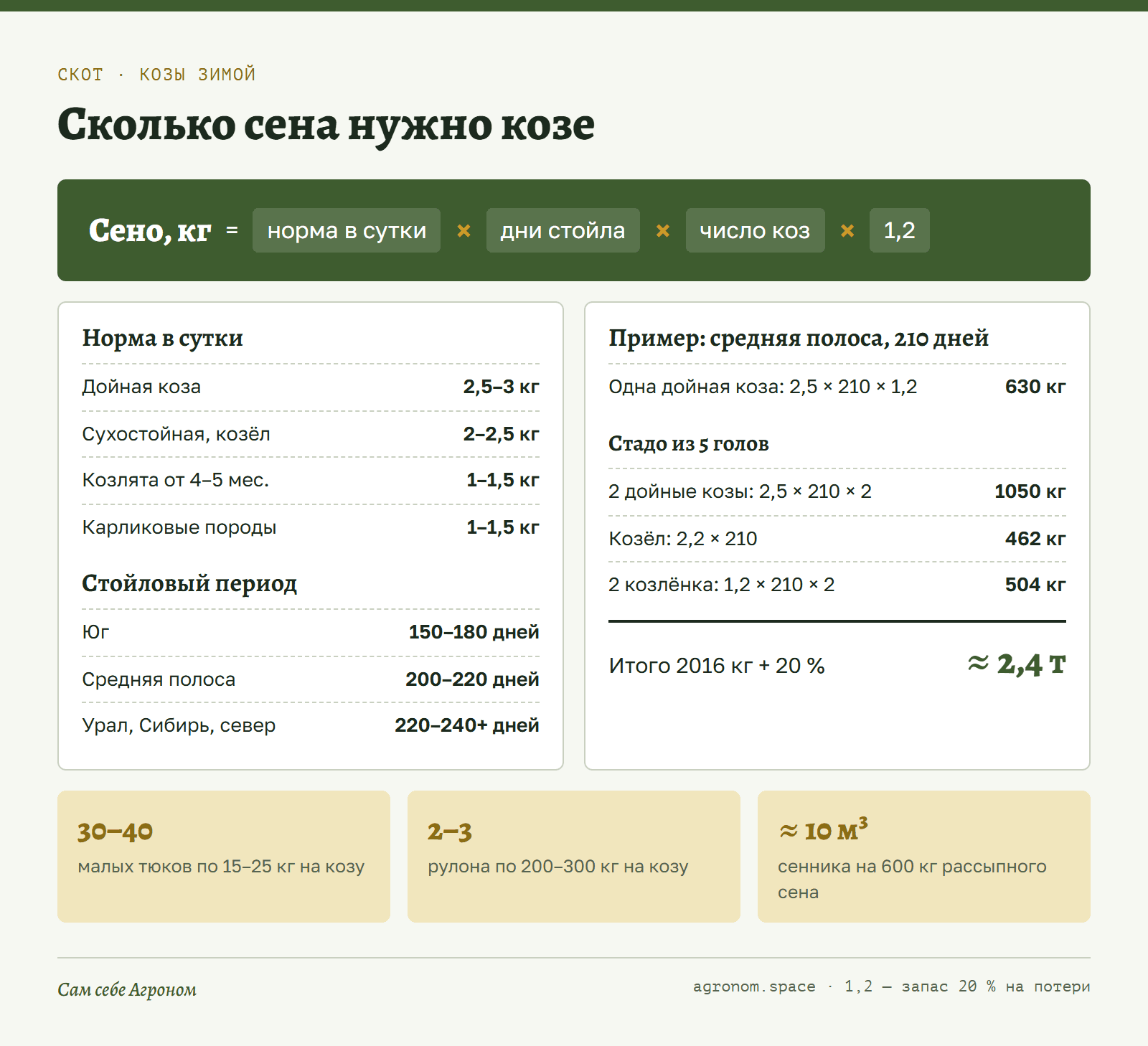Инфокарточка: формула расчёта сена для коз на зиму и пример